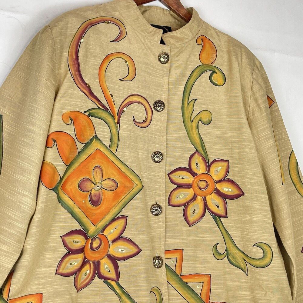 Vintage Alex Kim Women’s Size LP Jacket Yellow Floral Sequined Buttons Closure - Picture 6 of 16